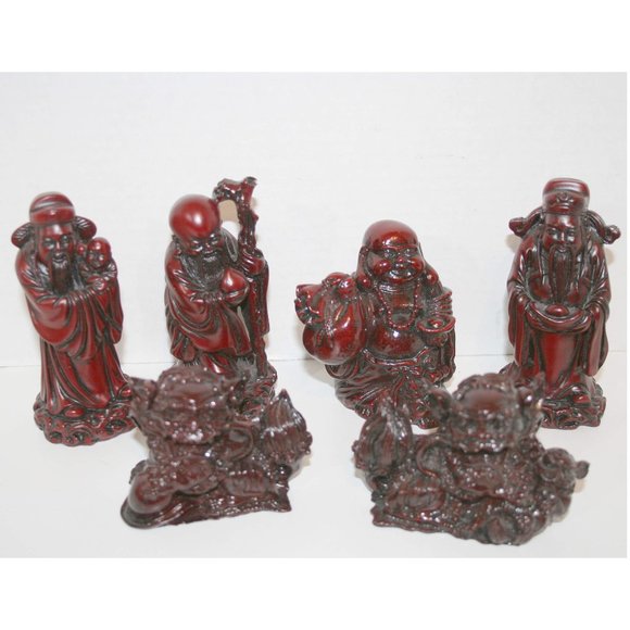 (6) Buddha Dragon Asian Figures Red Resin Statue Set - Picture 1 of 7